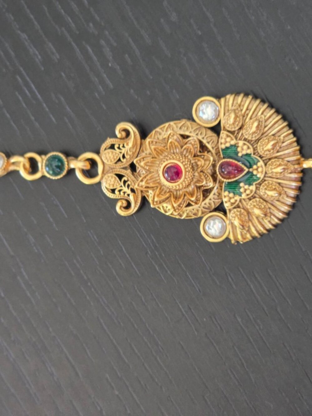 New Antique Gold Maang Tikka Traditional Ruby Green Stone Hair Jewelry